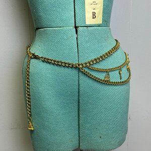 Vintage 80s Adjustable Gold Tone Metal Triple Chain Hip Belt Charms Belly Chain